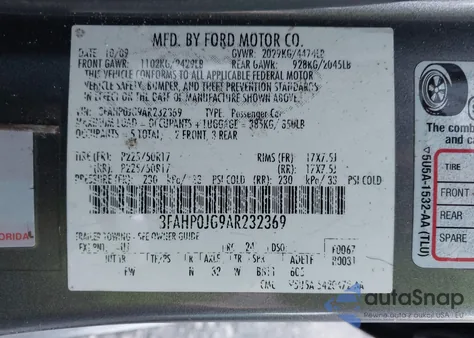 2010 Ford Fusion Sel from USA, damaged, VIN 3FAHP0JG9AR232369